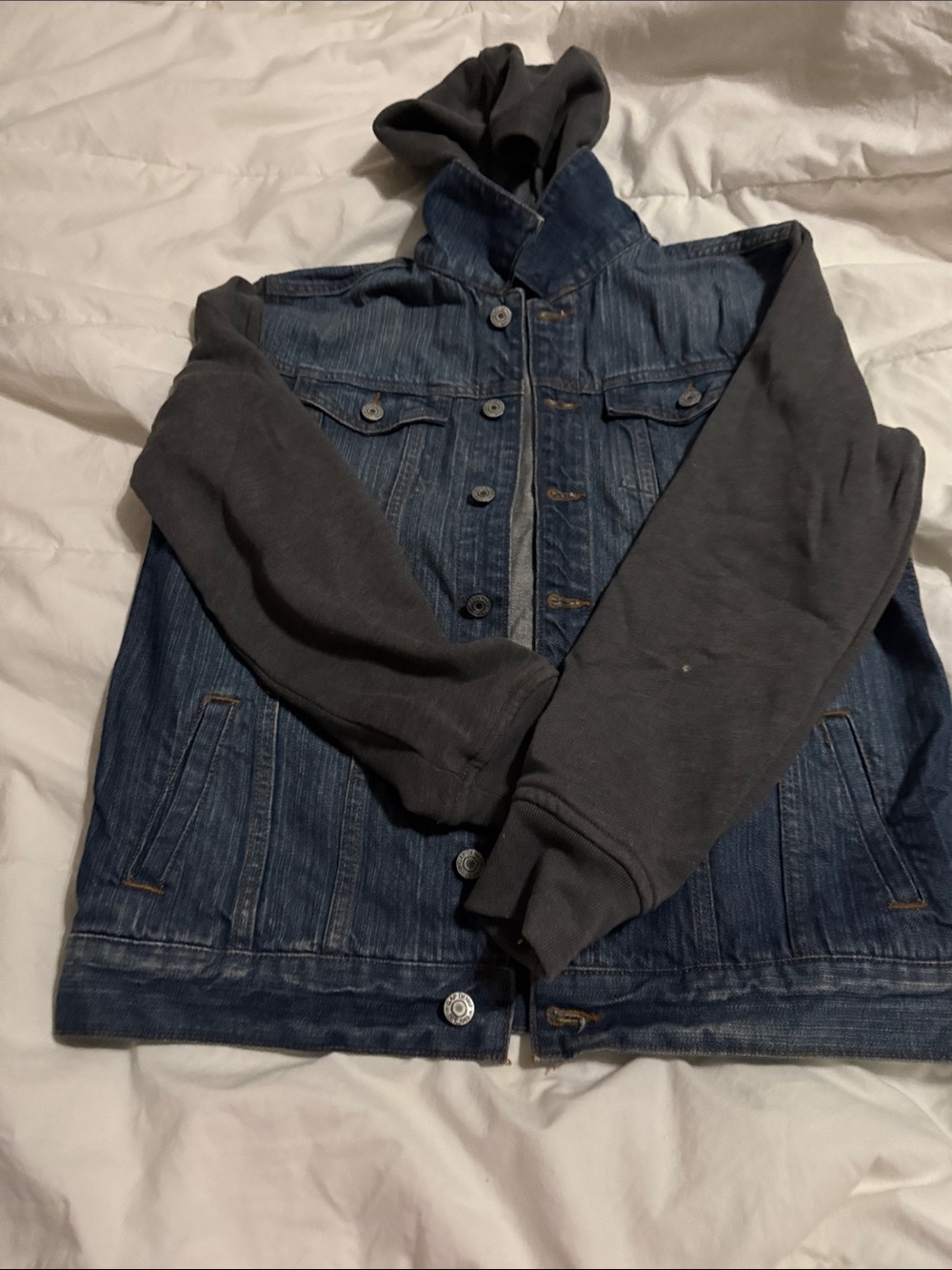 Dark Blue Denim Jacket with Charcoal Hooded Sleeves